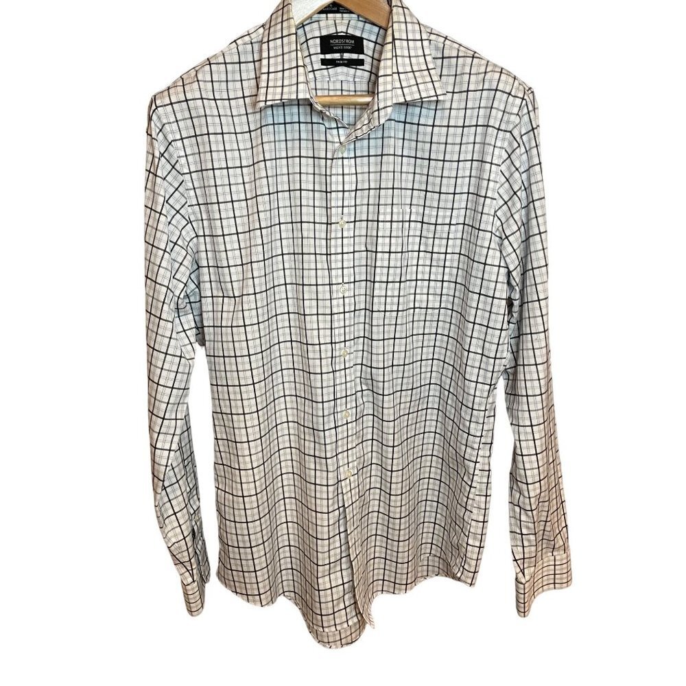 Nordstrom Men’s Trim Fit Wrinkle-Free Black White Checked Button Down Shirt